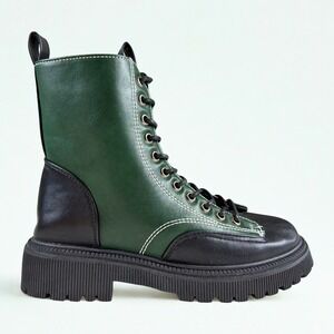 Olivia Miller Combat Boots Womens 7.5 Green Black Lug Sole Contrast Stitch Edgy